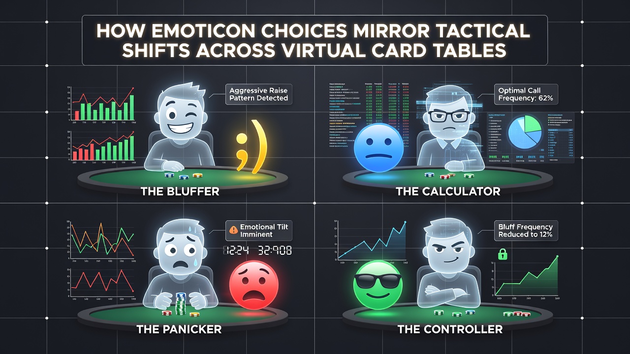 Close-up of emoticon menu on a virtual poker interface with game statistics overlay